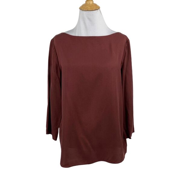 Vince Blouse Womens M Medium Mahogany Silk Rayon Blend Boat Neck 3/4 Sleeves - Picture 1 of 12